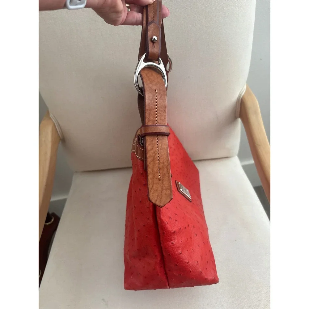 Vintage Dooney & Bourke Red Ostrich Embossed Leather Hobo Shoulder Bag Silver